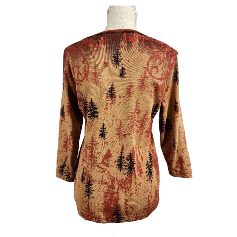 Cactus Bay Western 3/4 Sleeve Top Womens M Brown Moose Bear Bling Cowboy T Shirt - Picture 2 of 8